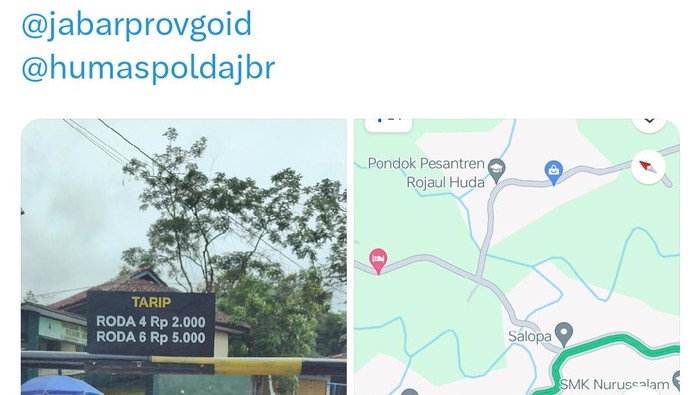 Tangkapan layar unggahan viral soal jalan desa yang diportal dan dikenakan tarif di Tasikmalaya.