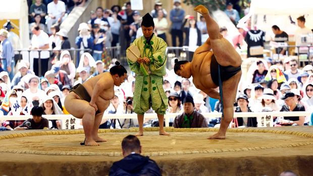 Sumo wrestlers take part is a training session before the 