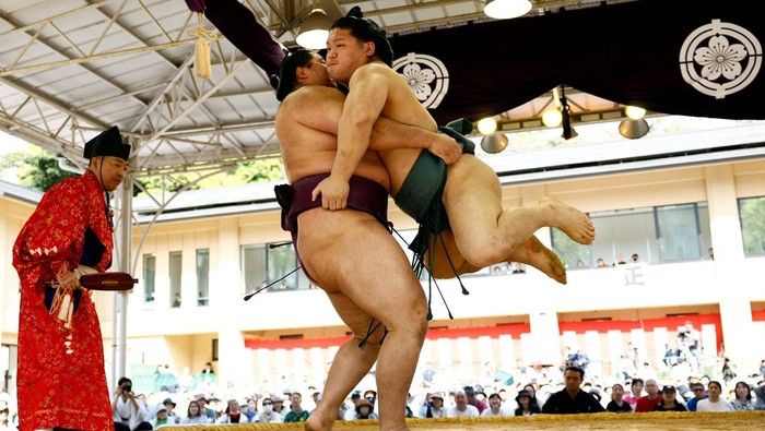 Sumo wrestlers take part is a training session before the 