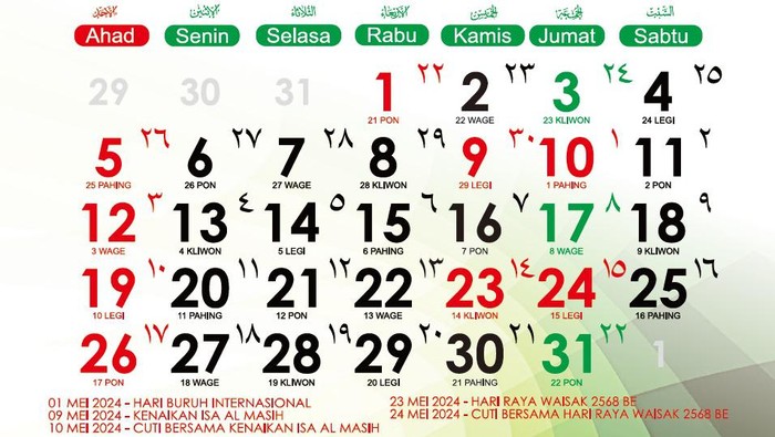 Daftar tanggal merah Mei 2024.