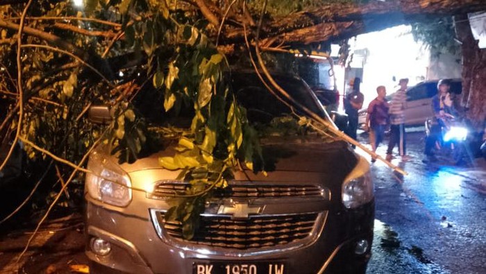 Mobil tertimpa pohon tumbang di Medan. (dok Kecamatan Medan Tembung)