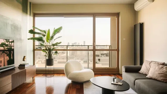 Ruang tamu minimalis dengan karpet abu-abu.