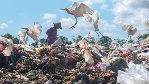 Foto udara alat berat menurunkan tumpukan sampah dari truk di Tempat Pembuangan Akhir Sampah (TPAS) Puuwatu, Kendari, Sulawesi Tenggara, Rabu (17/4/2024).  Dinas Lingkungan Hidup dan Kehutanan (DLHK) setempat mencatat peningkatan volume sampah setelah Idul Fitri mencapai 270 ton per hari dari biasanya hanya 210 ton per hari.ANTARA FOTO/Andry Denisah/YU/rwa.