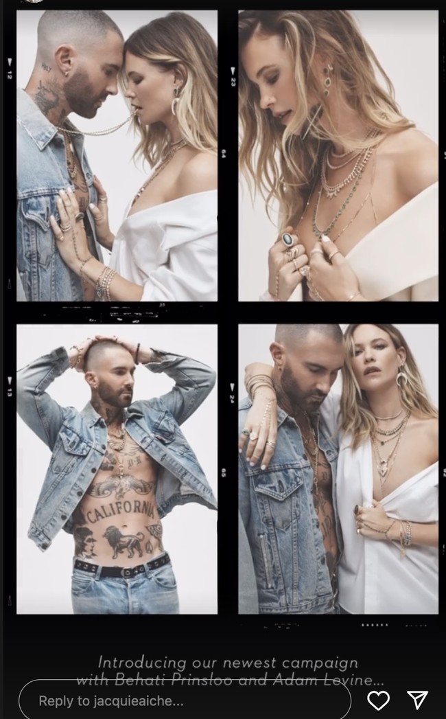 Adam dan Behati tampil menebarkan keseksian mereka. Adam berpose memakai kemeja yang tidak dikancingkan, sedangkan Behati mengenakan busana yang mengekspos bahunya. Foto: Dok. Jacquie Aiche