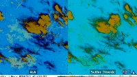 Gumpalan abu dan belerang (sulfur dioksida) dari Gunung Ruang pun tertangkap oleh satelit Himawari-9, dengan instrumen AHI. Hempasan abu dan belerang tersebut tertangkap pada 11.40-16.40 UTC atau sekitar pukul 19.40 - 00.40 WITA (18 April 2024). Dok. CSU/CIRA & JMA/JAXA/ https://satlib.cira.colostate.edu/