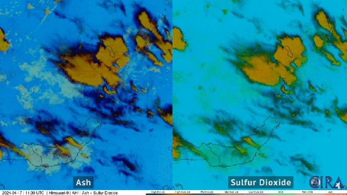 Citra satelit gumpalan abu dan belerang Gunung Ruang Citra satelit gumpalan abu dan belerang Gunung Ruang