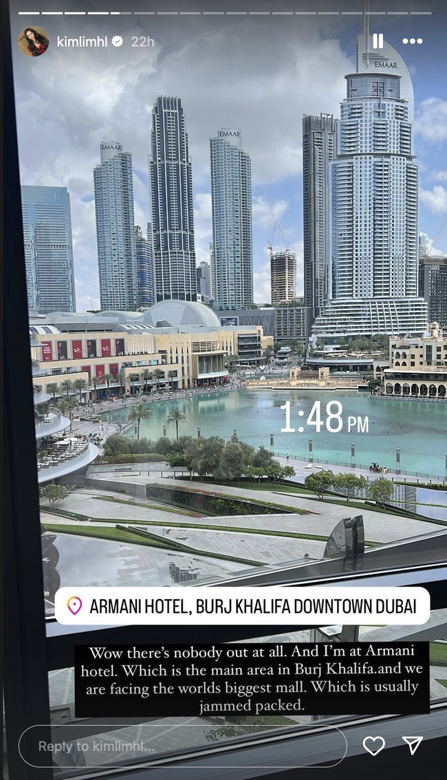 Kim Lim memperlihatkan situasi kawasan Burj Khalifa yang biasanya ramai, kini sangat sepi akibat banjir yang melanda Dubai. Foto: Dok. Instagram kimlimhl thejianhaotan