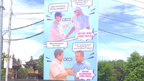 Baliho Prabowo Subianto dan Ketua Fraksi Gerindra DPRD Klungkung, I Ketut Juliarta, bertebaran di Klungkung. Salah satunya di Pasar Galiran, Klungkung, Jumat (19/4/2024).