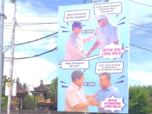 Baliho Prabowo Subianto dan Ketua Fraksi Gerindra DPRD Klungkung, I Ketut Juliarta, bertebaran di Klungkung. Salah satunya di Pasar Galiran, Klungkung, Jumat (19/4/2024).
