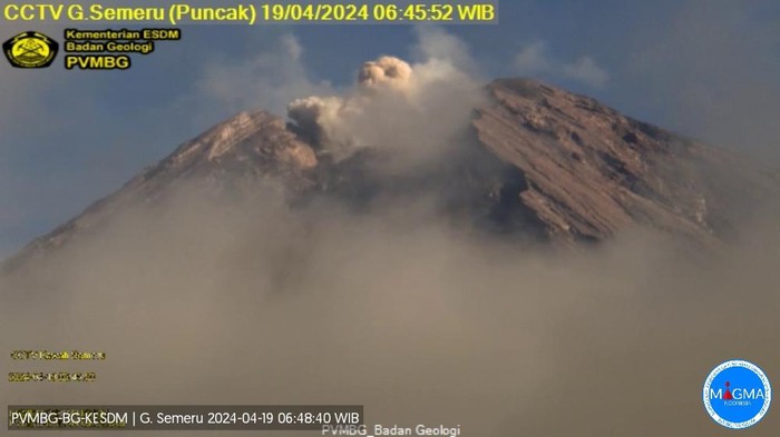 gunung semeru erupsi jumat 19 april 2024 pukul 06:45 WIB dengan tinggi kolom abu teramati ± 500 m