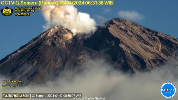 gunung semeru erupsi jumat 19 april 2024 pukul 06:30 WIB dengan tinggi kolom abu teramati ± 500 m di atas puncak