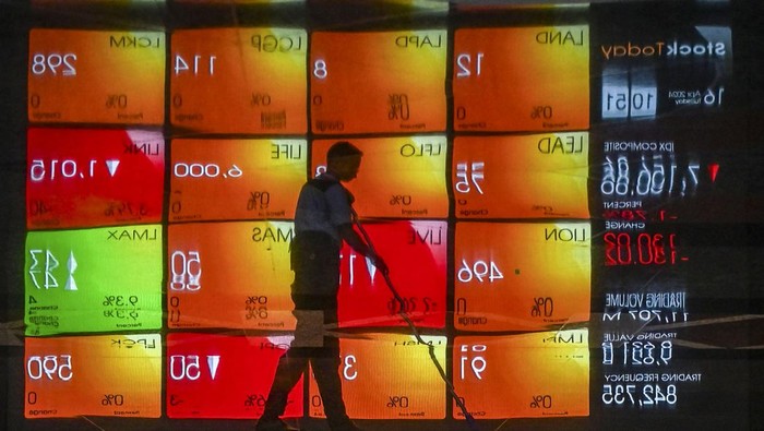 Pekerja membersihkan lantai dengan latar belakang layar yang menampilkan pergerakan Indeks Harga Saham Gabungan (IHSG) di Bursa Efek Indonesia, Jakarta, Selasa (16/4/2024). IHSG dibuka melemah 156,25 poin atau 2,14 persen ke posisi 7.130,62 usai cuti bersama Lebaran 2024. ANTARA FOTO/Erlangga Bregas Prakoso