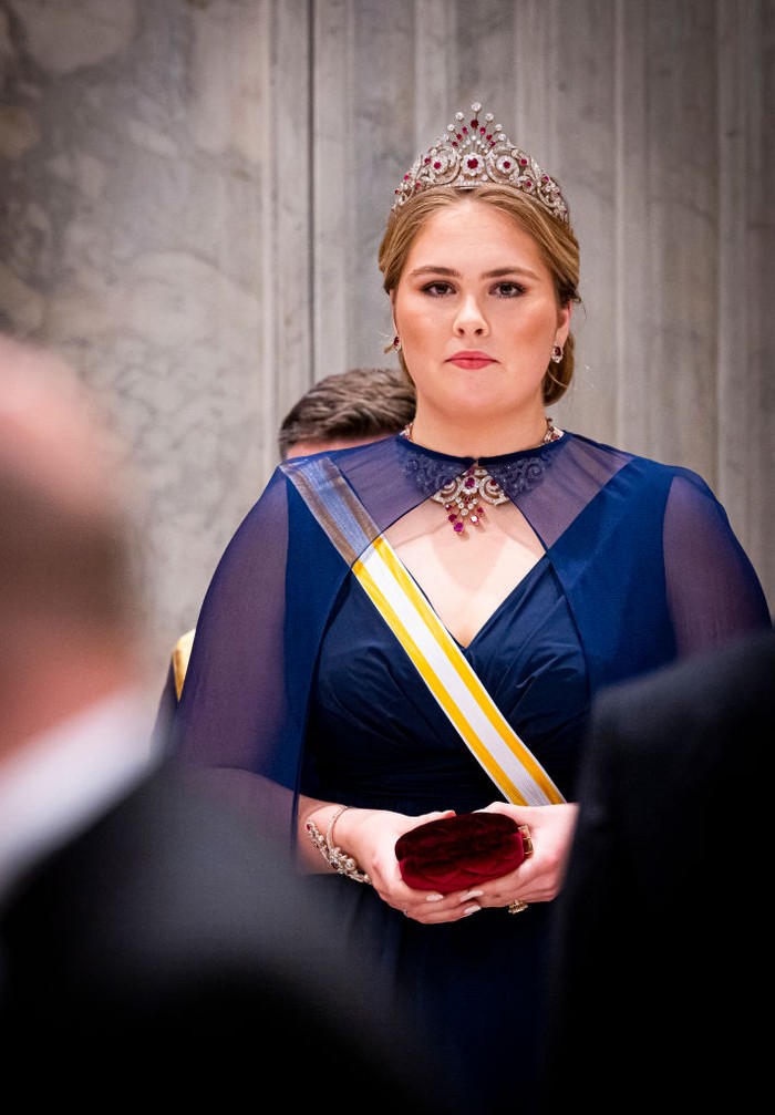 AMSTERDAM, NETHERLANDS - APRIL 17: Princess Amalia of The Netherlands attends the official state banquet on April 17, 2024 in Amsterdam, Netherlands. The Spanish King and Queen are in The Netherlands for a two day state visit.(Photo by Patrick van Katwijk/Getty Images)