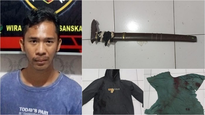 Tersangka pembacokan Ade di OKU Selatan dan barang bukti diamankan polisi.