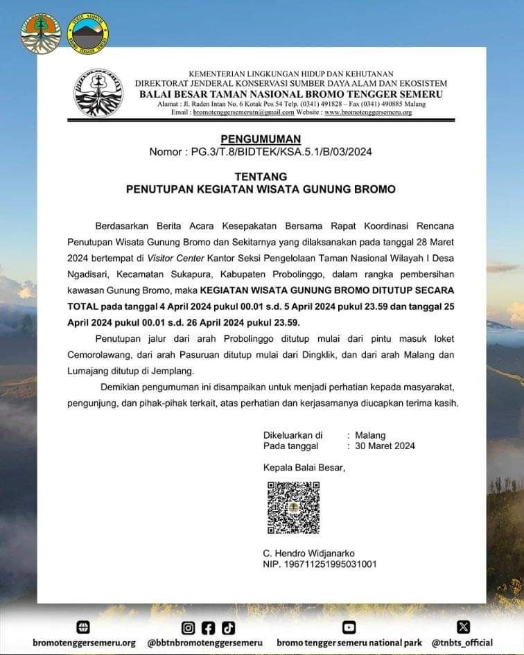 wisata Gunung Bromo akan ditutup mulai 25 April 2024