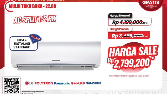 Gas! AC 1/2 PK Diskon Rp 1,3 Jutaan di Transmart Full Day Sale