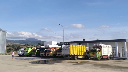 Antrean truk yang mengangkut jagung yang diserap oleh Perum Bulog Cabang Bima di CDC di Kabupaten Dompu, Minggu, (21/4/2024).