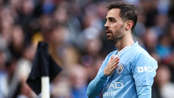 LONDON, ENGLAND - APRIL 20: Bernardo Silva of Manchester City celebrates their first goal during the Emirates FA Cup Semi Final match between Manchester City and Chelsea at Wembley Stadium on April 20, 2024 in London, England.(Photo by Jacques Feeney/Offside/Offside via Getty Images)