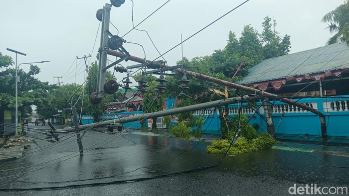 Tiang listrik di Selayar roboh akibat tertarik pohon tumbang.