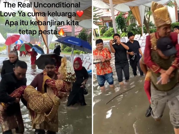 Pasangan pengantin ini tetap melanjutkan resepsi pernikahan di tengah banjir, seluruh anggota keluarga pun saling membantu. Momen tersebut langsung viral di TikTok