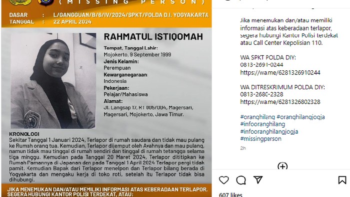 Rahmatul Istiqomah (24) hilang dicari keluarga di Mojokerto. Mahasiswi ini mengaku bekerja di toko roti di kawasan Jogja.