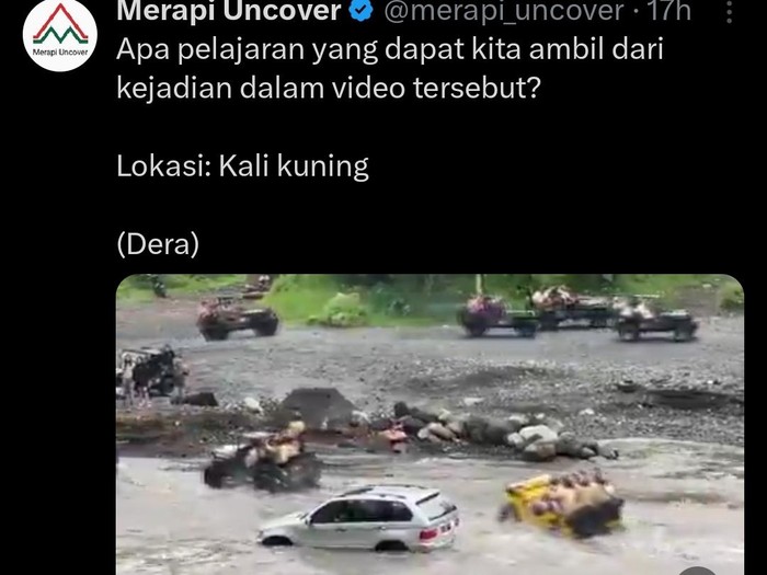 Tangkapan layar mobil wisatawan terjebak di jalur jip Merapi Kali Kuning, Sleman.