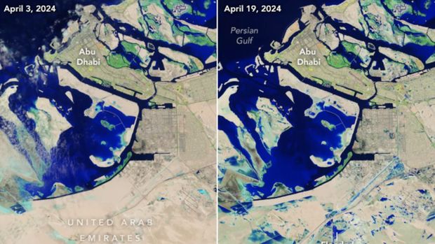 Citra satelit  Abu Dhabi sebelum (kiri) dan sesudah (kanan) banjir bersejarah. (NASA)