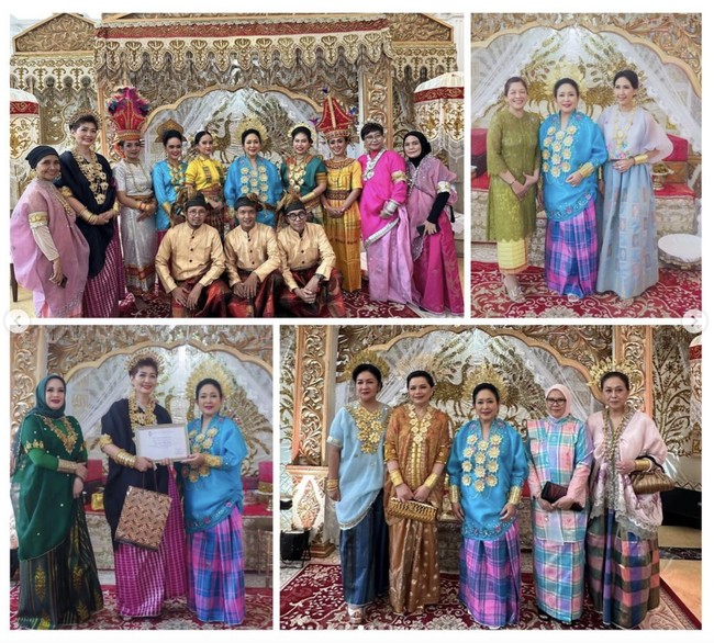 Titiek, yang diketahui menjabat sebagai ketua dari komunitas ibu-ibu pencinta wastra Nusantara itu, lantas berbalut baju bodo khas Makassar. Warna biru muda menjadi pilihannya. Atasan model baju kurung itu dihiasi detail bernuansa keemasan. Sulaman bernuansa floral juga ikut mempermanisnya.  (Foto: Instagram/@titieksoeharto)