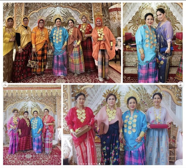 Annisa Pohan hadir dalam balutan baju bodo berwarna gradasi keunguan. Adapun Yanti memilih baju bodo kecoklatan yang dipadu tas emas.(Foto: Instagram/@titieksoeharto)