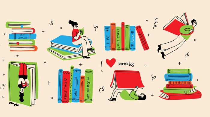 Ilustrasi Hari Buku Sedunia World Book Day graphics - book week events. Modern flat vector concept illustration of reading people, young man reading book flying in the sky in trendy retro style