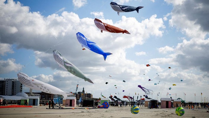 Layang-layang Gurita hingga Paus Raksasa Beterbangan di Prancis Kites fly over the beach during the 37th International Berck-sur-Mer Kite Festival, in the northern French resort of Berck-sur-Mer, France April 21, 2024. REUTERS/Sarah Meyssonnier