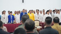 Sejumlah petinggi partai politik menghadiri rapat pleno penetapan Presiden dan Wakil Presiden terpilih 2024-2029 di Gedung KPU, Jakarta, Rabu (24/4/2024).