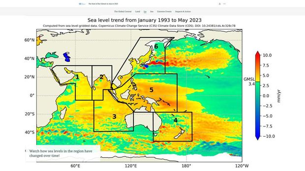 Tingkat permukaan laut meningkat lebih cepat daripada rata-rata global di banyak wilayah Asia. (WMO). (Dok: PBB)