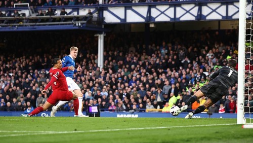 LIVERPOOL, ENGLAND - MARCH 16: Jarrad Branthwaite of Everton scores the opening goal during the Premier League match between Everton FC and Liverpool FC at Goodison Park on March 16, 2024 in Liverpool, England.(Photo by Daniel Chesterton/Offside/Offside via Getty Images)