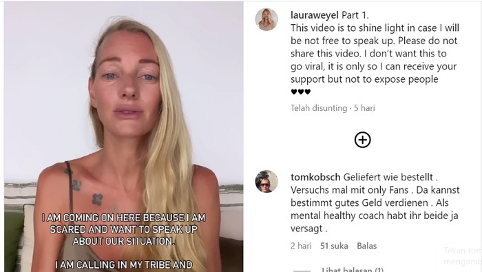 Laura Weyel (38), WN Jerman mengeluhkan ketidakadilan hukum di Indonesia melalui video yang diunggah di akun Instagram-nya. (Instagram @lauraweyel)