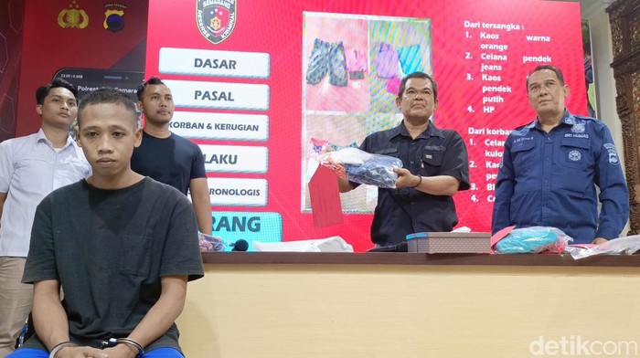 Penjual bakso yang lecehkan temannya dihadirkan di Polrestabes Semarang, Kamis (25/4/2024).