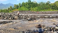 Orang tua menggendong anaknya melewati aliran lahar saat berangkat dan pulang sekolah karena arus banjir cukup deras.