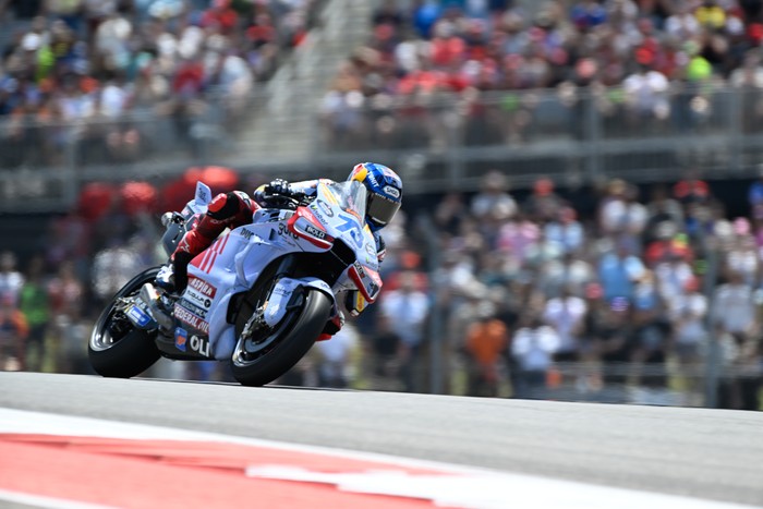 AUSTIN, TX - APRIL 14: Alex Marquez (73) of Gresini Racing MotoGP Team makes his way out of turn 1 during the Red Bull Grand Prix of The Americas at Circuit of The Americas on April 14, 2024, in Austin, Texas. (Photo by Ken Murray/Icon Sportswire via Getty Images)