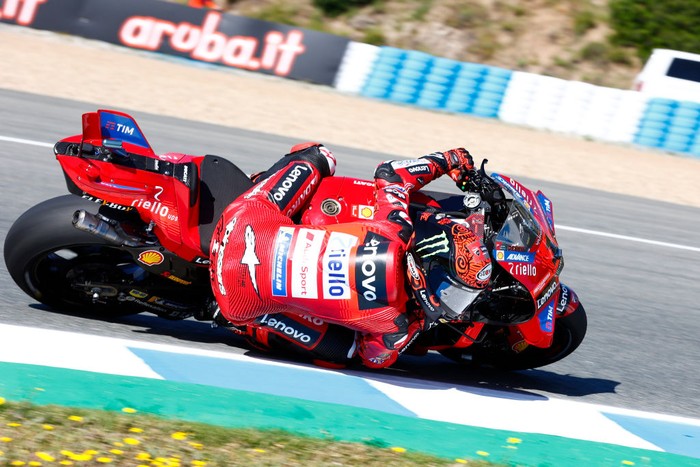JEREZ DE LA FRONTERA, SPAIN - APRIL 26: Francesco Bagnaia of Italy and Ducati Lenovo Team rides during the Free Practice at the MotoGP Of Spain on April 26, 2024 in Jerez de la Frontera, Spain. (Photo by Joao Rico/DeFodi Images via Getty Images)