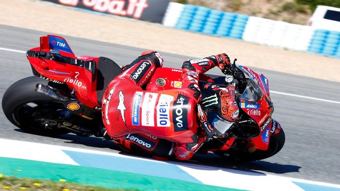 JEREZ DE LA FRONTERA, SPAIN - APRIL 26: Francesco Bagnaia of Italy and Ducati Lenovo Team rides during the Free Practice at the MotoGP Of Spain on April 26, 2024 in Jerez de la Frontera, Spain. (Photo by Joao Rico/DeFodi Images via Getty Images)