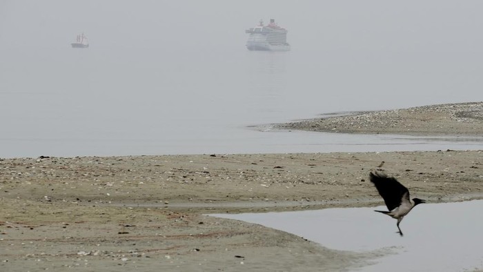 A man walks at the beach through a haze caused by dust, near southern coastal city of Larnaca, in the southeast Mediterranean island of Cyprus, on Thursday, April 25, 2024. A low-pressure system in North Africa is affecting the area with winds and dust. (AP Photo/Petros Karadjias)