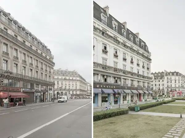 Sebuah bangunan di Paris (kiri), dan di Tianducheng, Cina (kanan).