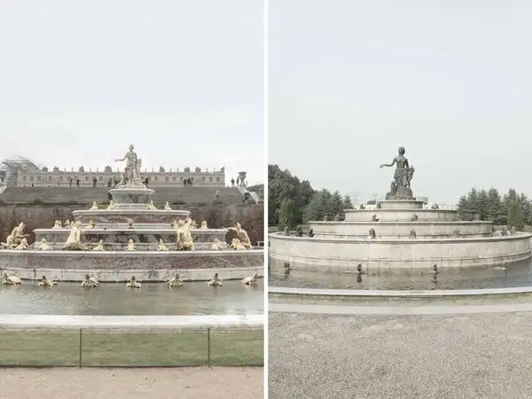 Air mancur di Versailles di Prancis (kiri) dan di Tianducheng, Cina (kanan).