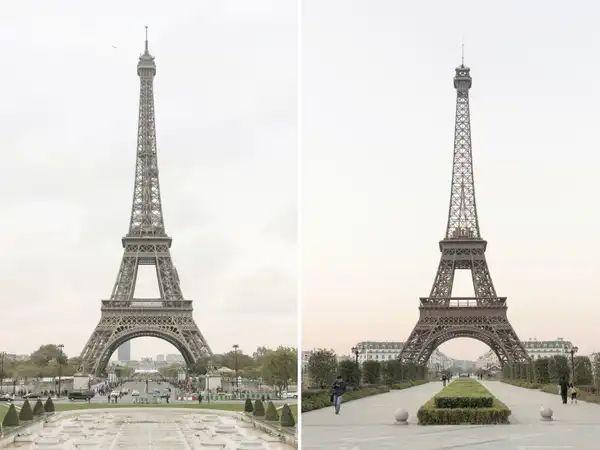 Menara Eiffel asli di Paris, Prancis (kiri), dan di Tianducheng, (kanan).