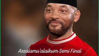 Meme lainnya menampilkan gambar Will Smith pakai kopiah dan berkata Assalamuaalikum Semifinal. Foto: Twitter @idextratime