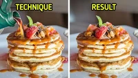 Sama seperti burger, pancake untuk keperluan iklan biasanya menggunakan oli motor untuk menggantikan sirup maple. Foto: Brightside