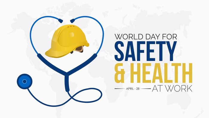 World day for safety and health at work. Construction helmet and stethoscope for safe and healthy working days for  card, banner, template design with white background. Observed on April 28