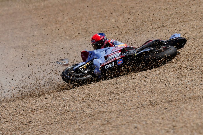 Marc Marquez (93) of Spain and Gresini Racing Moto GP Ducati crashed during the sprint of the Gran Premio Estrella Galicia 0,0 de España at Circuito de Jerez - Angel Nieto on April 27, 2024 in Jerez de la Frontera, Spain. (Photo by Jose Breton/Pics Action/NurPhoto via Getty Images)