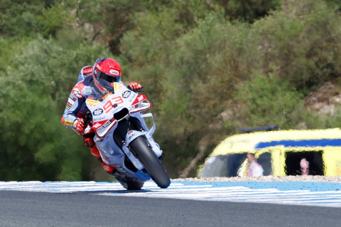 JEREZ DE LA FRONTERA, SPAIN - APRIL 26: Marc Marquez of Spain and Gresini Racing MotoGP team rides during the Free Practice at the MotoGP Of Spain on April 26, 2024 in Jerez de la Frontera, Spain. (Photo by Joao Rico/DeFodi Images via Getty Images)