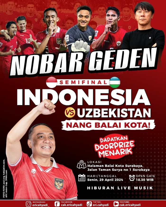 Pamflet undangan nobar Semifinal Piala Asia Indonesia vs Uzbekistan di Balai Kota Surabaya.